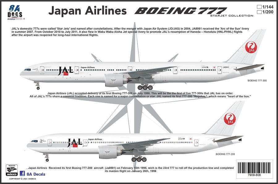 Japan Airlines Boeing 777 - Star Jet Collection 8aDecs -7909-808-200