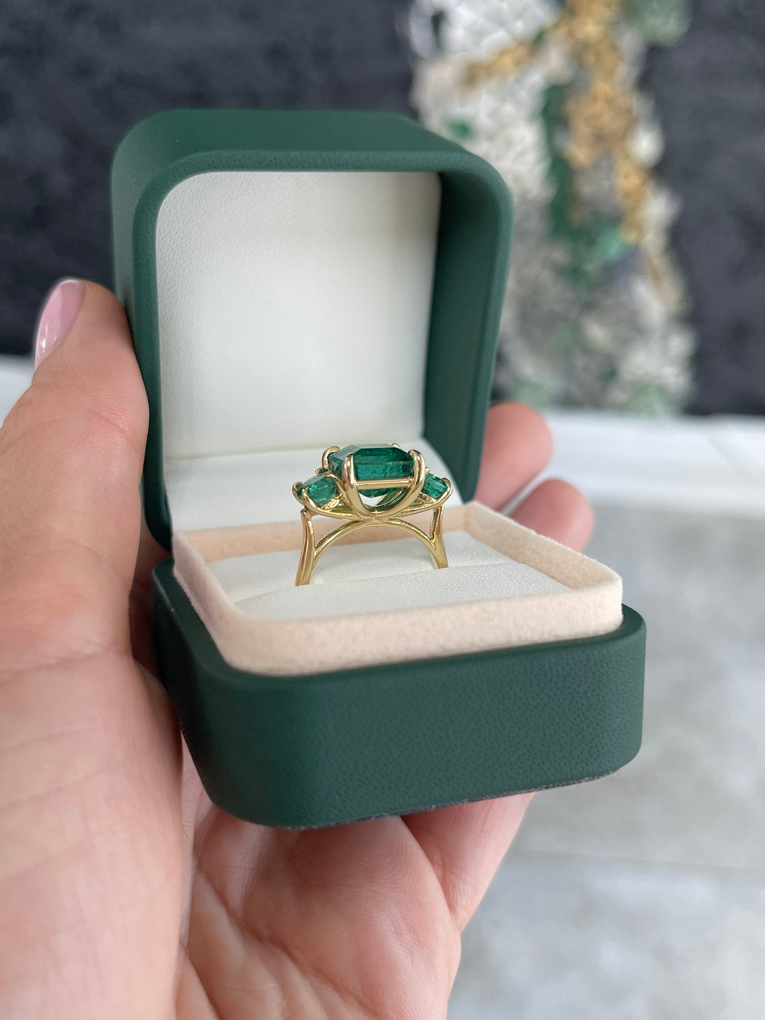 5.80tcw 14K Rich Green Natural Emerald All Emerald Three Stone Ring