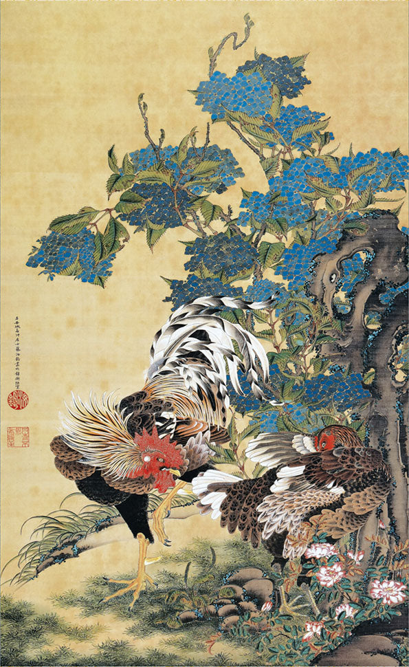 名画複製画掛け軸 紫陽花双鶏図 伊藤若冲 – 寿鳳人形の東芸