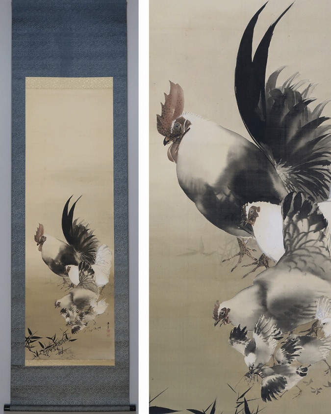 福井江亭 群雞之圖 | 掛軸(掛け軸)販売／表装ご依頼は掛軸いっぷく掛軸
