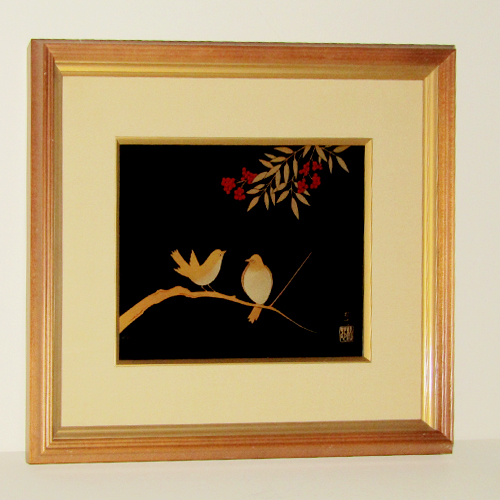 輪島塗 漆額(パネル) -南天・目白の蒔絵仕上げ- [黒色] 木製｜輪島市の