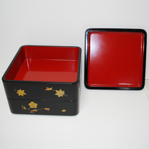 輪島塗？ 黒漆 内朱 重箱 二段 二客揃 共箱付 茶道具 懐石 漆器 輪島塗