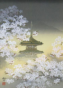 平川敏夫「塔境の四季・春風」木版画45×33cm