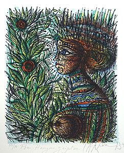 ジャン・カルズー「花と女」版画20×16cm