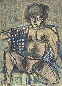 須田剋太「男の肖像」紙にガッシュ・パステル 38.8×26.7cm