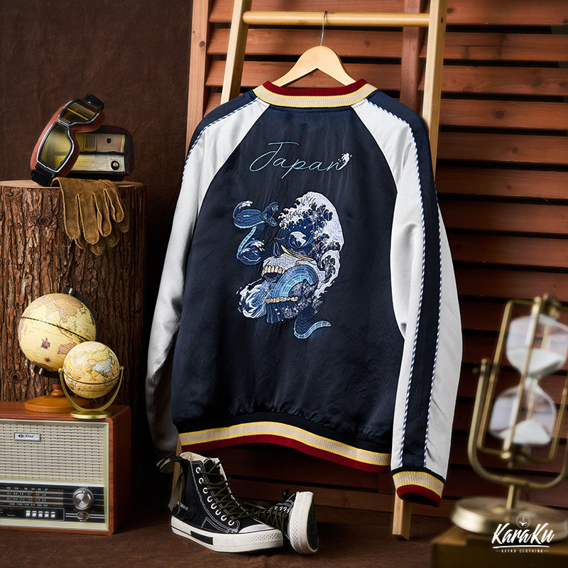 横須賀「ドクロ、蛇と波」浮世絵刺繡入りスカジャン – Karakubuy