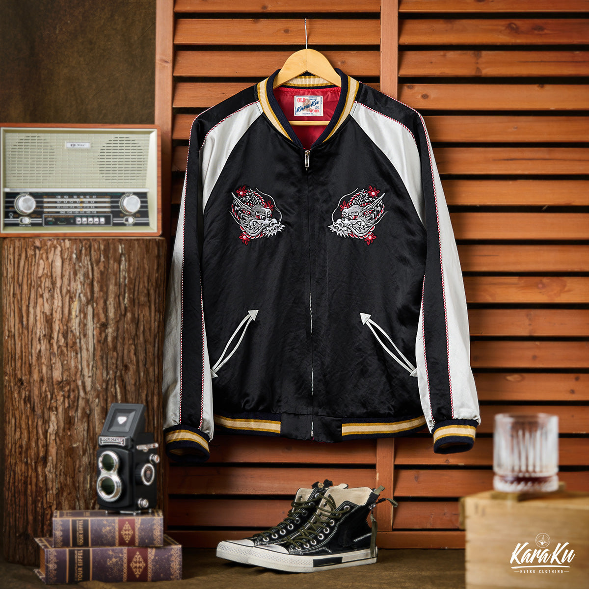 横須賀「酔竜と猫の悪戯」浮世絵風刺繡入りスカジャン – Karakubuy