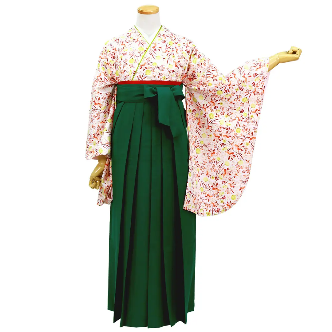 白地にオレンジとライムグリーンの小花柄・緑袴（無地） （二尺袖