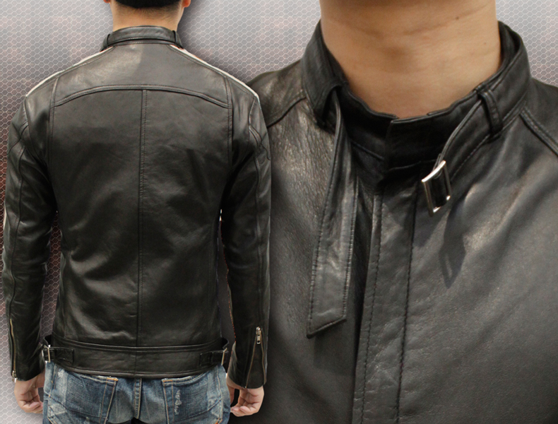 ラム革 シングルライダースジャケット メンズ ブラック/レッド M/ 5145