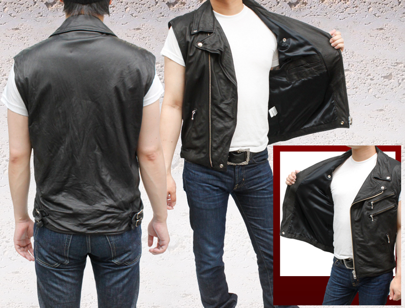 牛革 シワ加工 ライダースベスト メンズ ブラック S/M/L/LL/3L/ 6000
