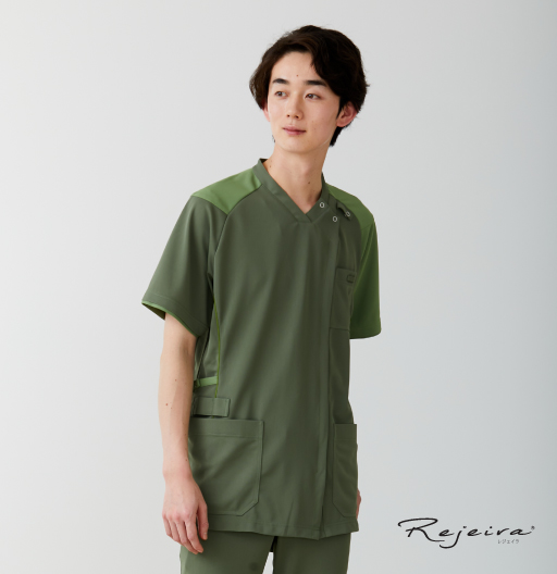 KZN713スクラブジャケット半袖（男女兼用）(アイビーグリーン×カーキ