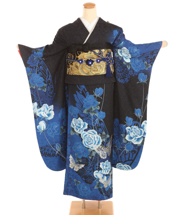 振袖レンタル｜黒に青薔薇蝶｜F0450｜M｜宅配着物レンタル・一式フル
