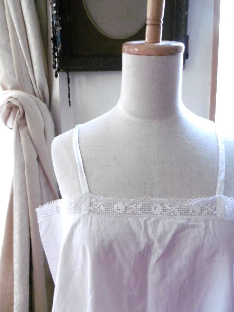 フランスアンティーク,コットン,レース,キャミソール,モノグラム入り,AO