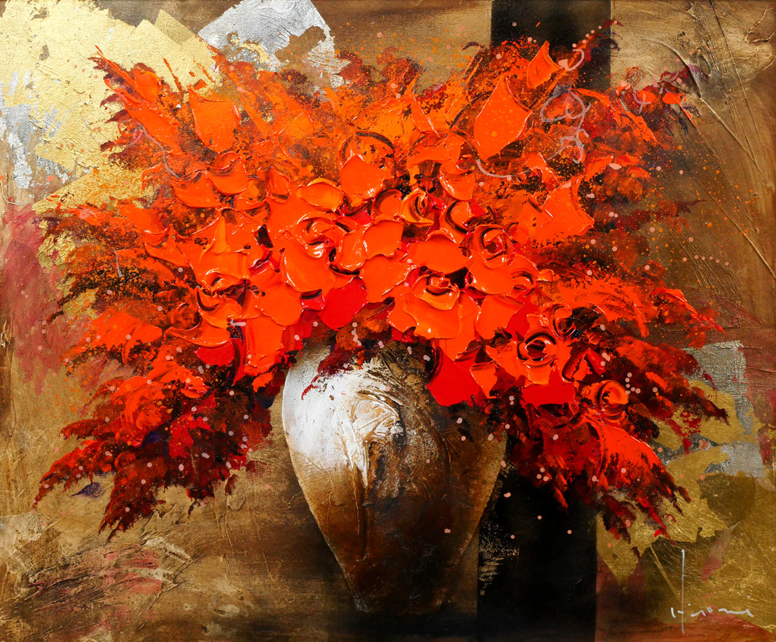 立川広己「赤い盛り花」油絵・F12号 絵画買取・販売の小竹美術