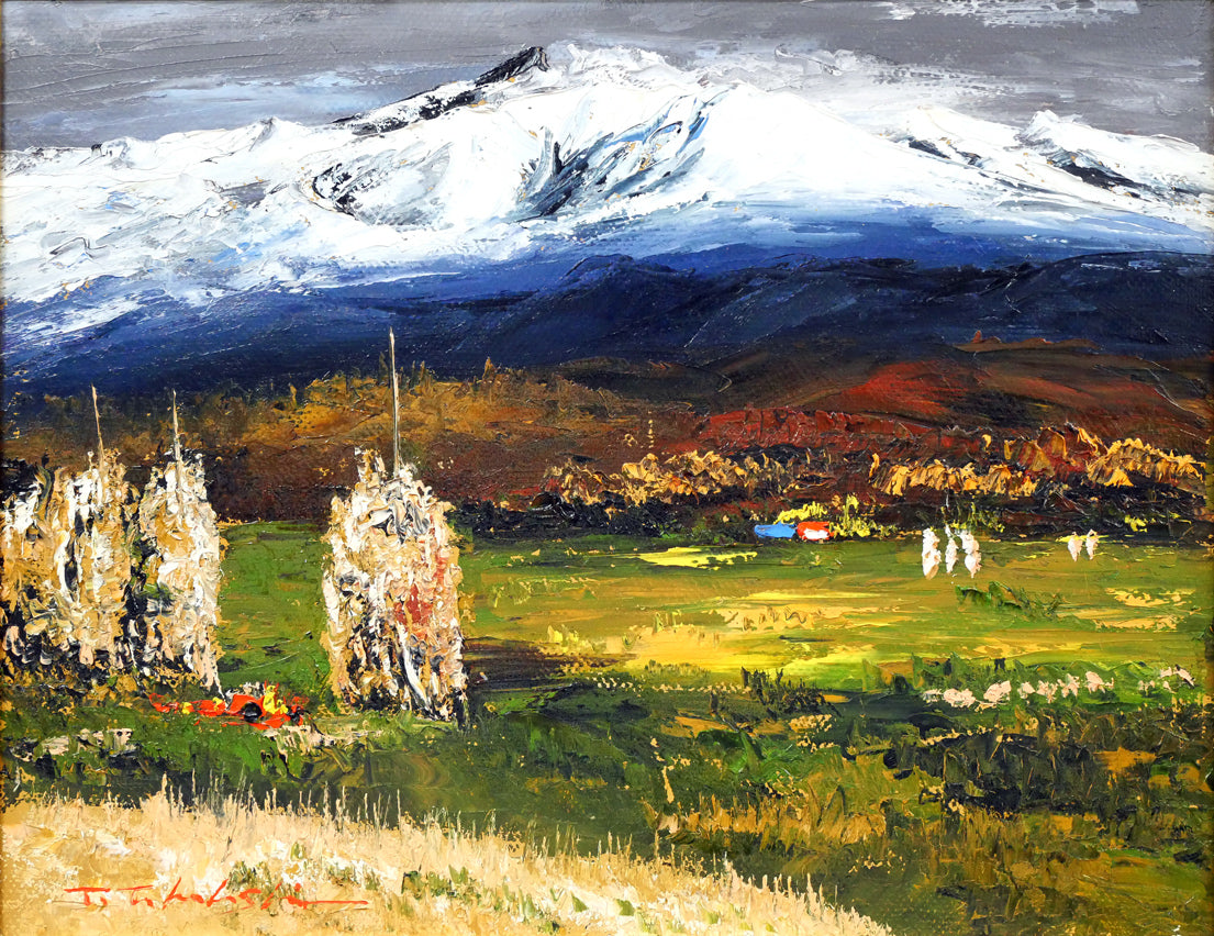 高橋哲夫「新雪の十勝岳」油絵・F6号 絵画買取・販売の小竹美術