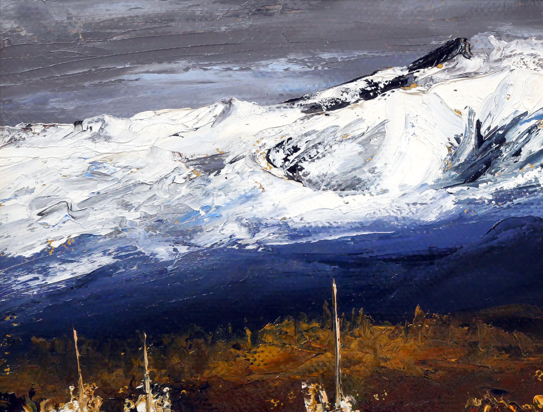 高橋哲夫「新雪の十勝岳」油絵・F6号 絵画買取・販売の小竹美術