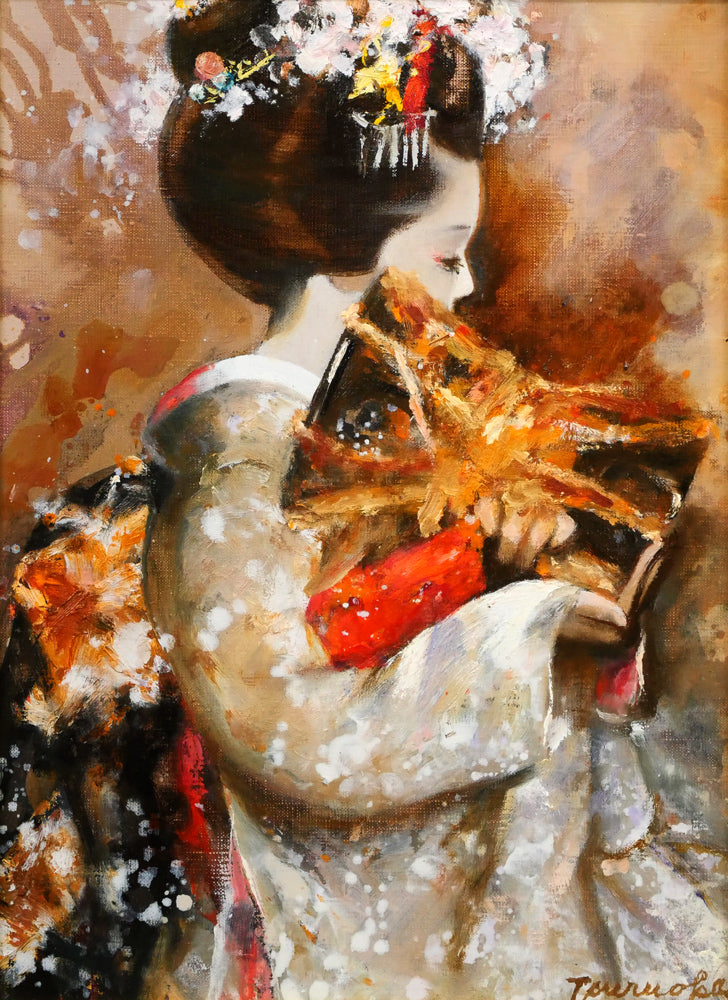 鶴岡義雄「鼓（舞妓）」油絵・F4号 絵画買取・販売の小竹美術