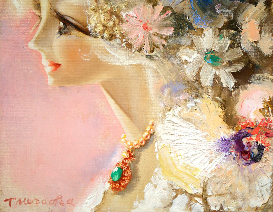 鶴岡義雄「マドモアゼル」油絵・F4号 絵画買取・販売の小竹美術