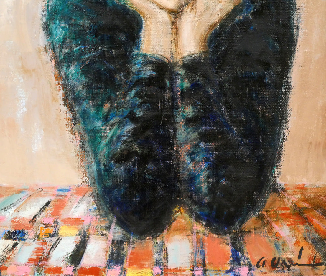 碓井正人「ほおづえをつく女」油絵・P8号 絵画買取・販売の小竹美術