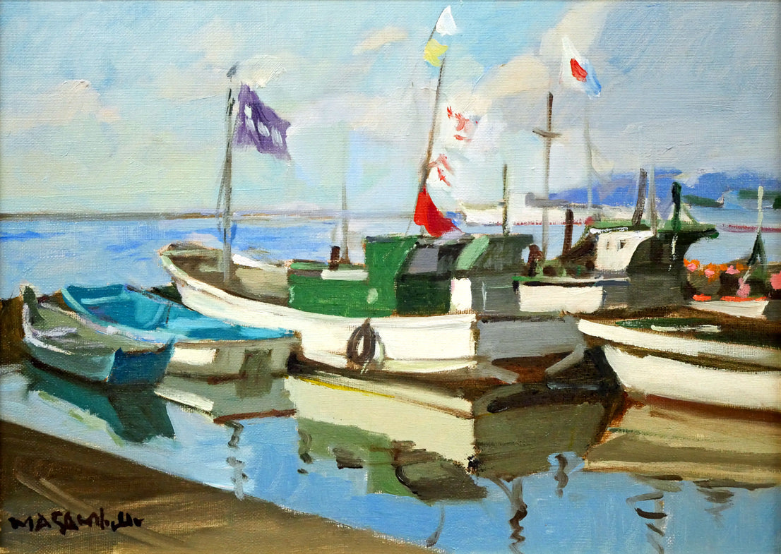 山岸正巳「岩内漁港」油絵・F4号 絵画買取・販売の小竹美術