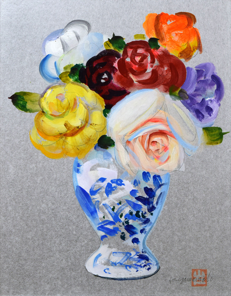 山本仁吉「バラ」油絵・色紙6号 絵画買取・販売の小竹美術