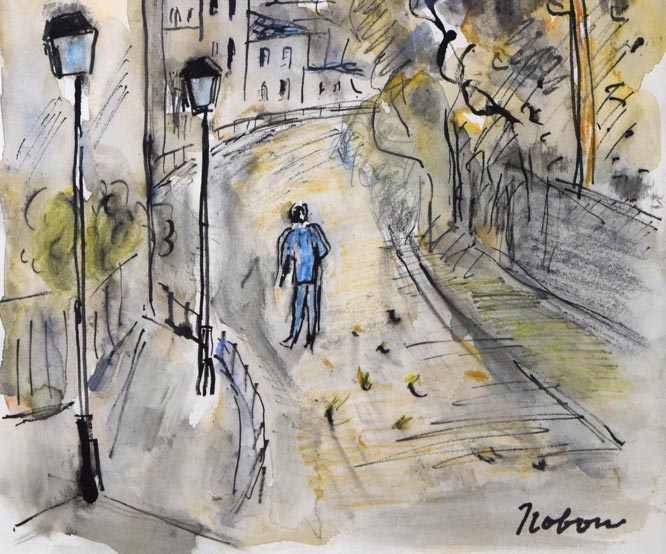 八木伸子「サクレクールの見える道（パリ）」水彩画 絵画買取・販売の