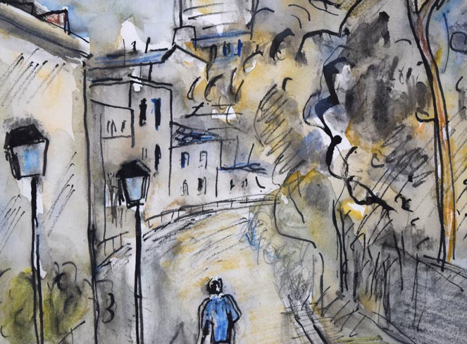 八木伸子「サクレクールの見える道（パリ）」水彩画 絵画買取・販売の