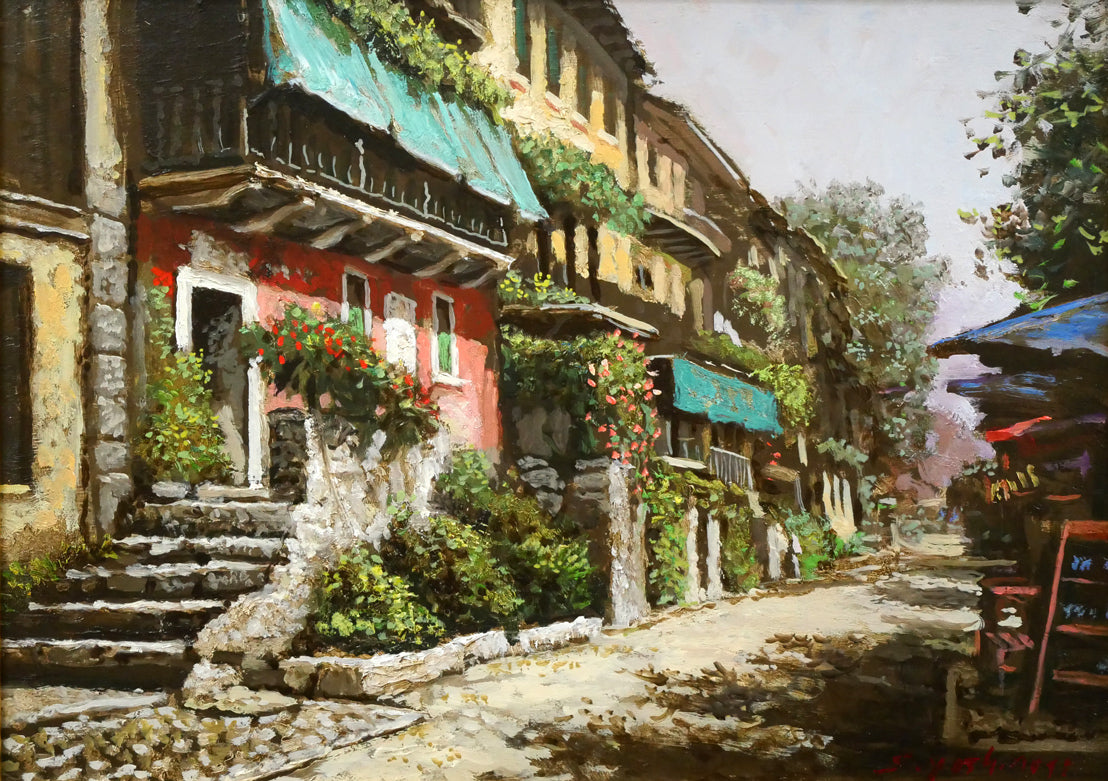 吉本哲「湖畔の小道（イタリア マッジョーレ湖 ペスカトーリ島）」油絵