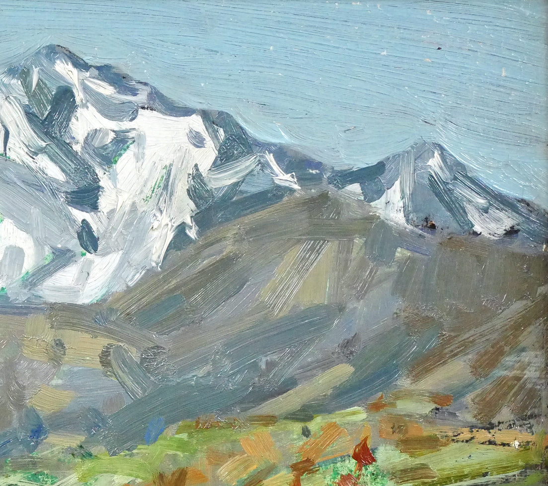 萬谷藤男「芦別岳の春」油絵・F3号 絵画買取・販売の小竹美術