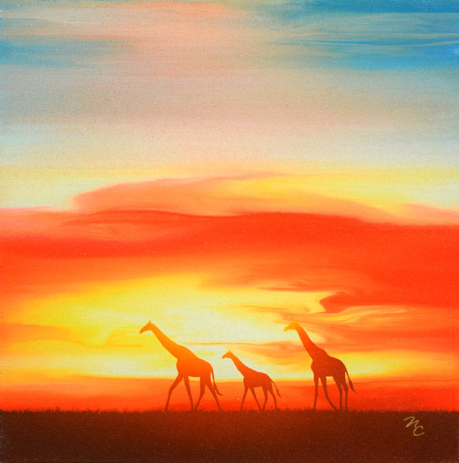 鎮西直秀「サバンナの神々・キリン」油絵・S0号 絵画買取・販売の小竹美術