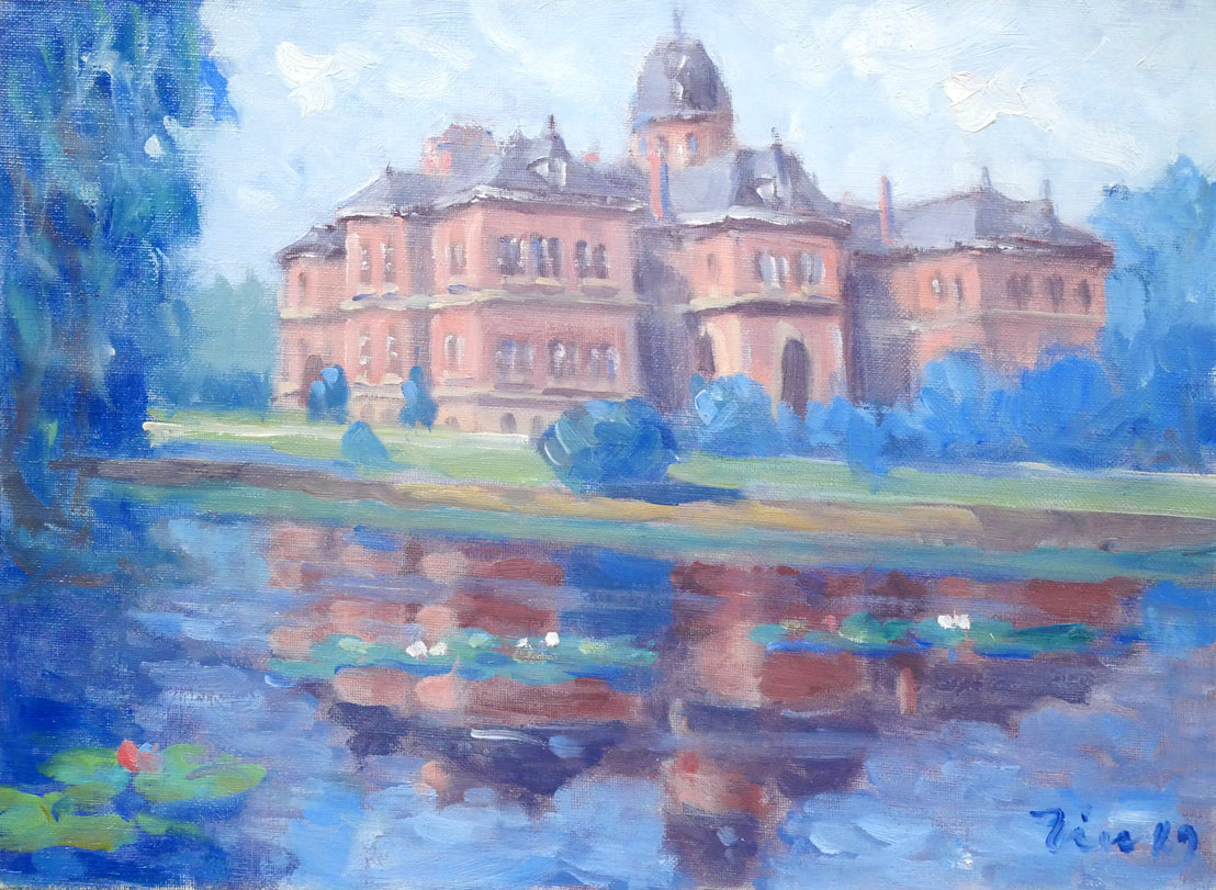 伊藤仁「北海道庁と池」油絵・F4号 絵画買取・販売の小竹美術