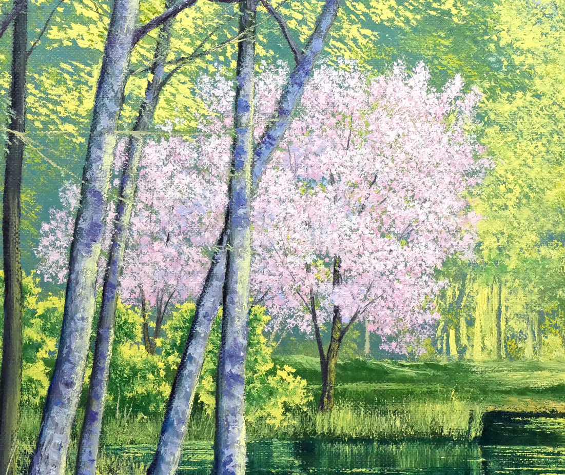 葛西俊逸「水辺の休日」油絵・P8号 絵画買取・販売の小竹美術