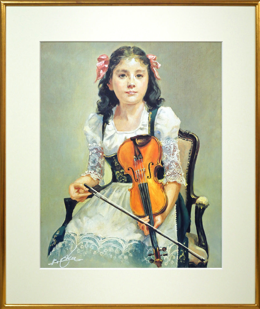 奥龍之介「バイオリンを持つ少女」油絵・F3号 絵画買取・販売の小竹美術