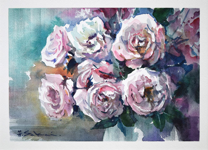 酒井芳元「薔薇」水彩画・3号 絵画買取・販売の小竹美術