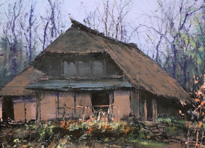 佐藤あつ子「兜造りの家（さがえ）」油絵・P8号 絵画買取・販売の小竹美術