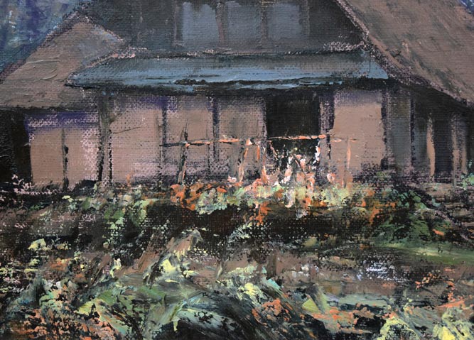 佐藤あつ子「兜造りの家（さがえ）」油絵・P8号 絵画買取・販売の小竹美術