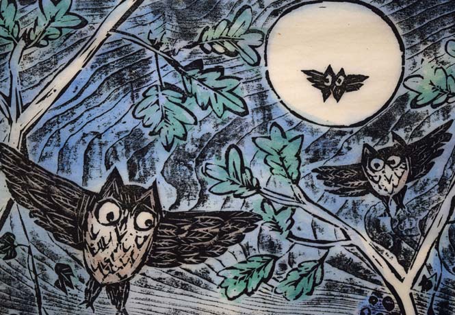 佐藤国男「かしわばやしの夜（めくらぶどう）」木版画に裏彩色 絵画