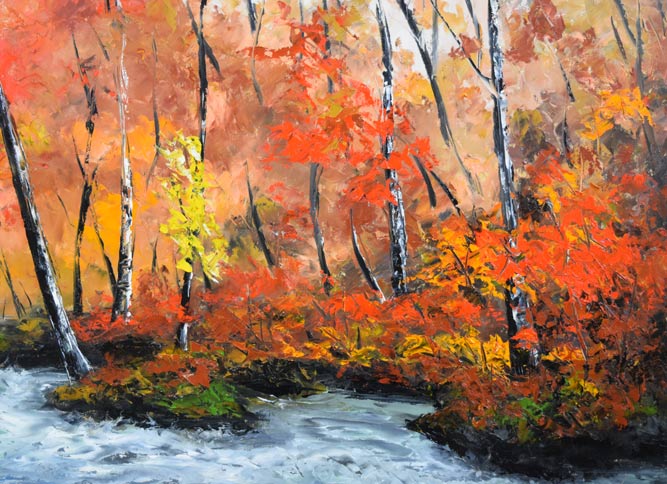 高橋哲夫「奥入瀬渓流」油絵・P30号 絵画買取・販売の小竹美術