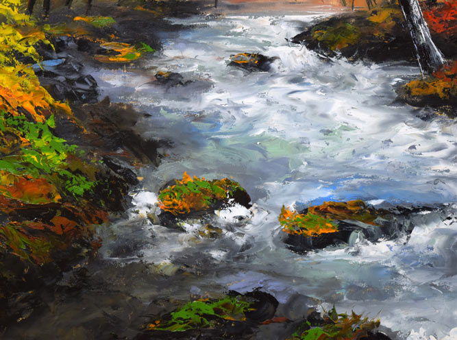 高橋哲夫「奥入瀬渓流」油絵・P30号 絵画買取・販売の小竹美術