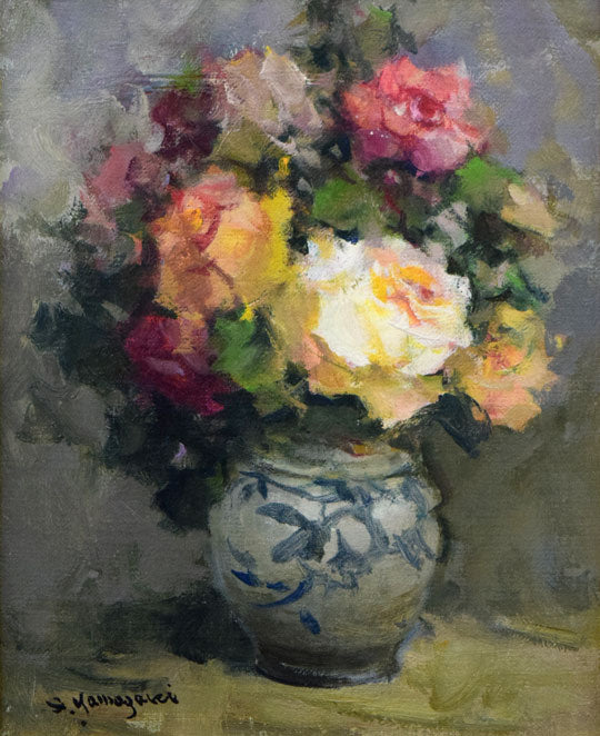 山崎翠祥「薔薇（銀縁）」油絵・F3号 絵画買取・販売の小竹美術