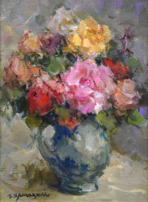 山崎翠祥「薔薇（金縁）」油絵・F4号 絵画買取・販売の小竹美術