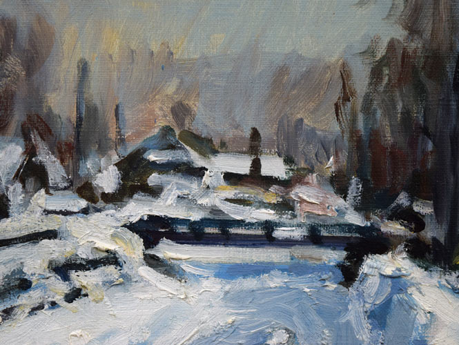 朝倉力男「堀割の雪」油絵・F4号 絵画買取・販売の小竹美術