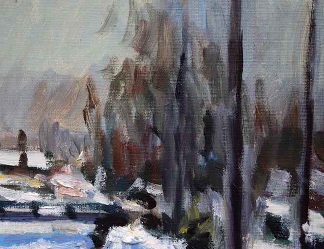 朝倉力男「堀割の雪」油絵・F4号 絵画買取・販売の小竹美術