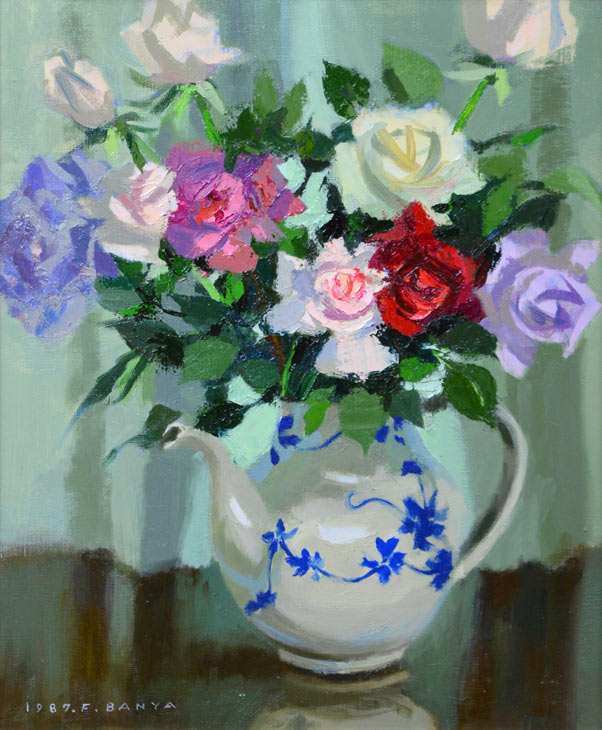 萬谷藤男「ばら」油絵・F8号 絵画買取・販売の小竹美術