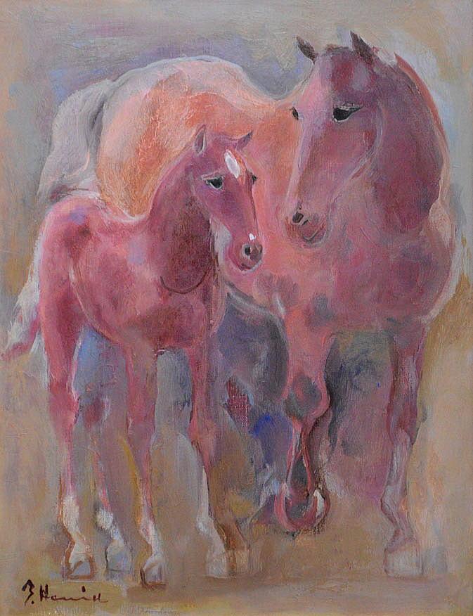 羽生智樹「母馬と仔馬」油絵・F6号 絵画買取・販売の小竹美術