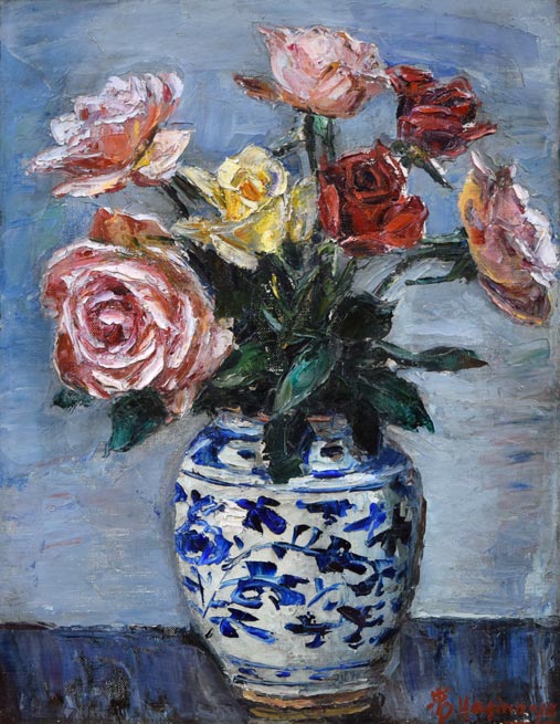 萩谷巌「静物画（ばら）」油絵・F6号 絵画買取・販売の小竹美術