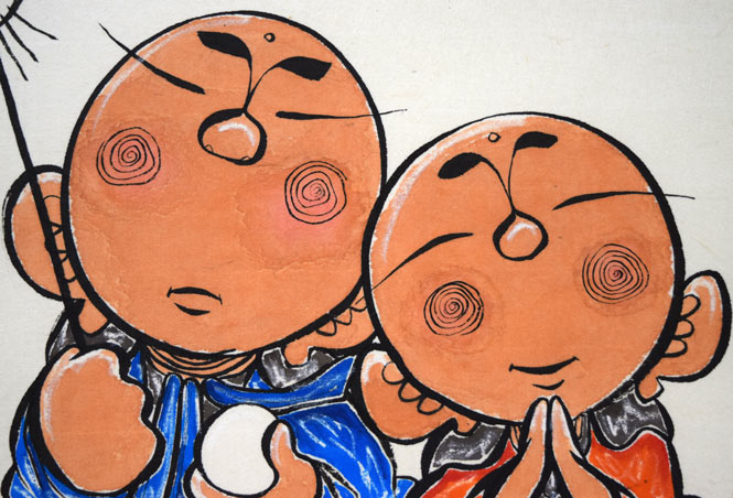 荘眠月（本庄基晃）「めおと地蔵之図」墨彩画 絵画買取・販売の小竹美術