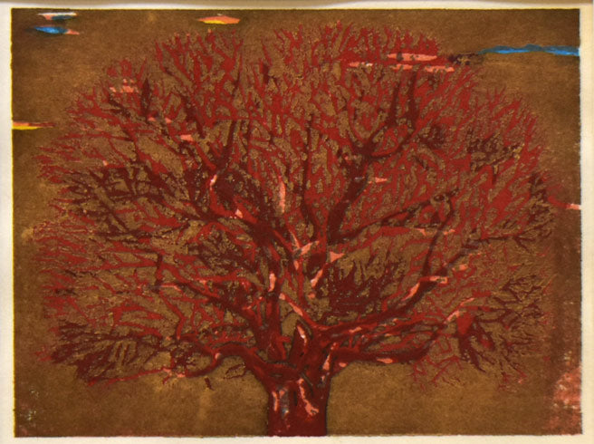 星襄一「赤い木」木版画 絵画買取・販売の小竹美術
