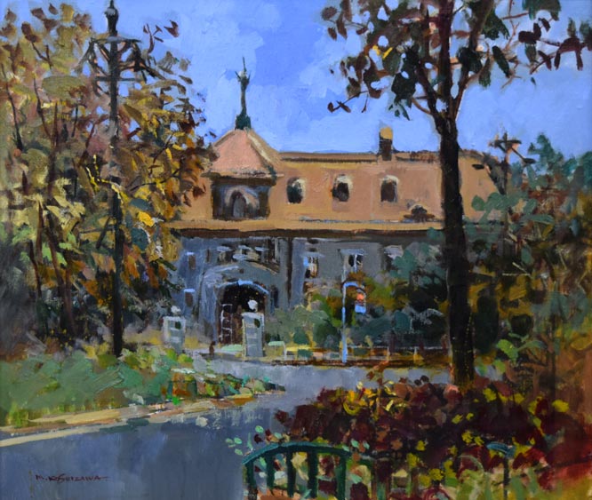 越澤満「秋の札幌資料館」油絵・F10号 絵画買取・販売の小竹美術