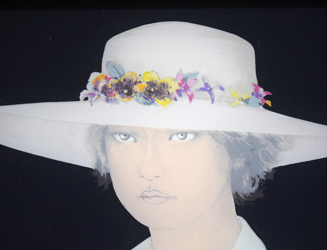 栗原喜依子「花飾りの帽子」ガラス絵版画 絵画買取・販売の小竹美術
